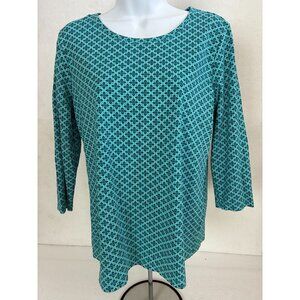 LL Bean Top Size L Supima Cotton Teal Blue Black Tee 3/4 Sleeves Round Neck